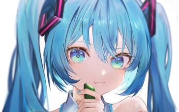 Hatsune Miku, Eating Vegetable, Twintails, Aqua Hair, Face Portrait, Anime Wallpaper