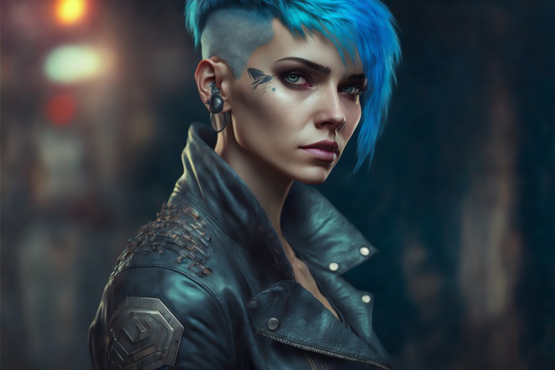 AI Art, Cyberpunk, Blue Hair, Women Wallpaper