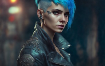 AI Art, Cyberpunk, Blue Hair, Women Wallpaper