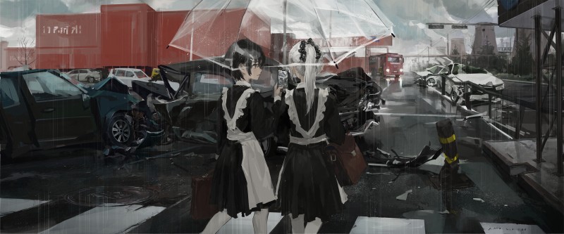 Anime, Rain, Maid Outfit, Maid, Car, Purse Wallpaper