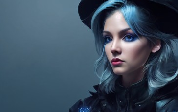 Witch, Witch Hat, Blue Hair, Blue Eyes, Makeup, Simple Background Wallpaper