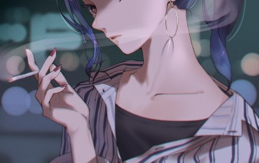 Anime Girls, Ponytail, Cigarettes, Smoking, Blue Hair Wallpaper