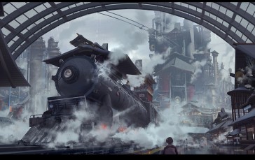 Artwork, Train, Vehicle, Steam Train, Cityscape, Fantasy Art Wallpaper