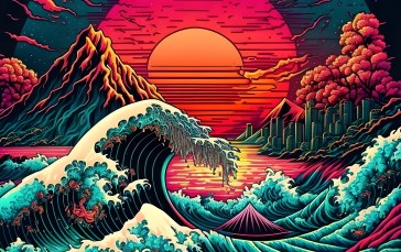The Great Wave off Kanagawa, 4K, Waves, Sunset Wallpaper