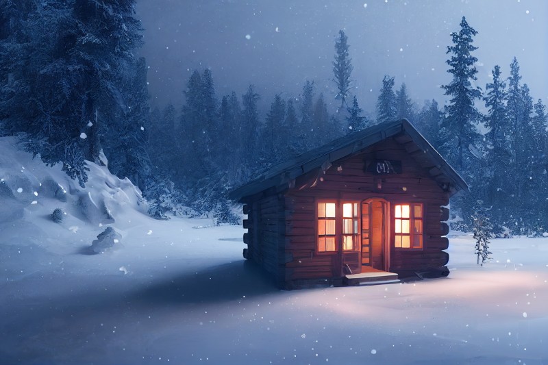 AI Art, Winter, Snow, Cabin, Trees, Nature Wallpaper