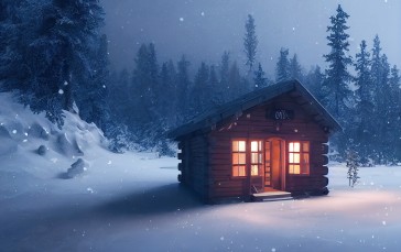 AI Art, Winter, Snow, Cabin, Trees, Nature Wallpaper