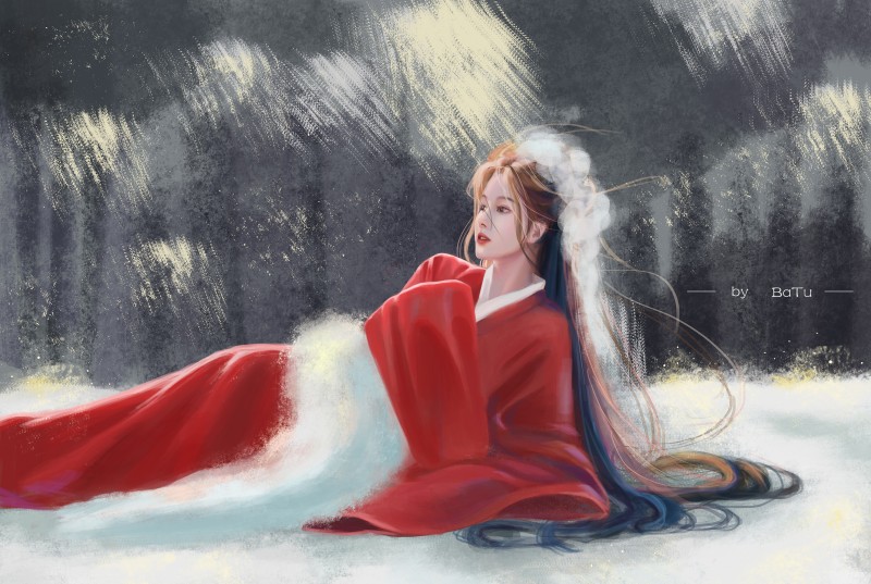 Women, Snow, Asian, Long Hair, Red Dress, Dress Wallpaper
