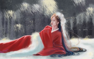 Women, Snow, Asian, Long Hair, Red Dress, Dress Wallpaper