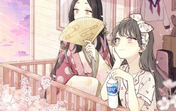 Akakura, Anime Girls, Fans, Water Bottle, Petals, Flowers Wallpaper