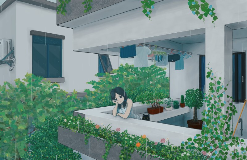 Anime Girls, Rain, Flower Garden, Summer, House, Balcony Wallpaper