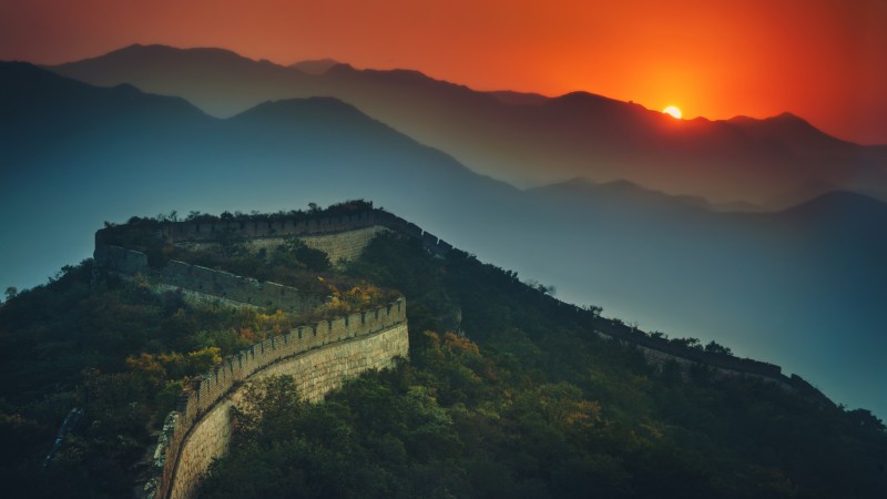 Landscape, 4K, Great Wall of China, Sunset, Mountain Top Wallpaper