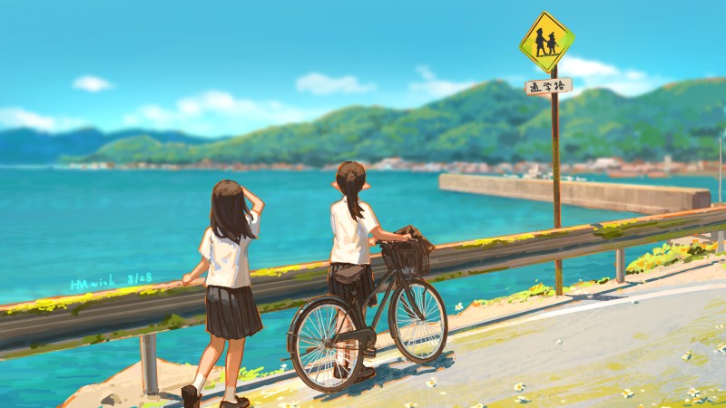 Anime, Bicycle, Road, Sea, Original Characters Wallpaper