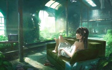 Anime, Anime Girls, Couch, Leaves Wallpaper