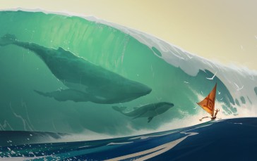 Tuomas Korpi, Digital Art, Whale, Waves, Sailing Ship, Birds Wallpaper