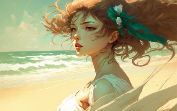 AI Art, Illustration, Women, Beach, Wind Wallpaper