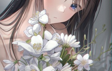 Anime Girls, Blue Eyes, Dark Hair, Flowers Wallpaper