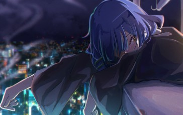 Anime Girls, Anime, Blue Hair, Hair Over One Eye, City Wallpaper