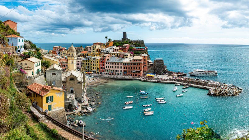 Italy, Vernazza, Sea, Town, Sky, Clouds Wallpaper
