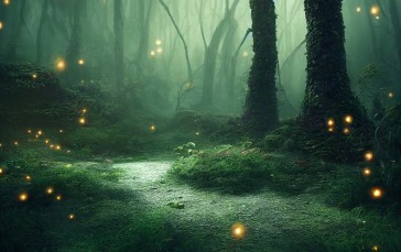 Fireflies, Forest, Moss, Artwork Wallpaper