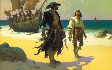 AI Art, Illustration, Pirates, Beach, Ship, Oil on Canvas Wallpaper