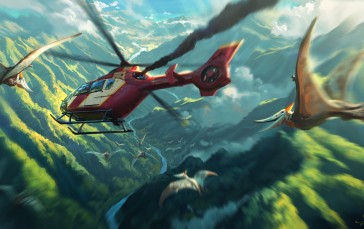 Helicopters, Jurassic World, Dinosaurs, Pterodactyl, River, Valley Wallpaper