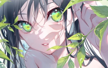 Anime Girls, Green Eyes, Dark Hair, Leaves, Water Drops Wallpaper