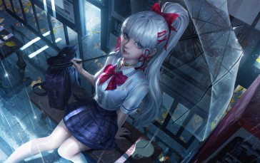 Anime, Anime Girls, Drawing, Silver Hair, School Uniform, Blue Eyes Wallpaper