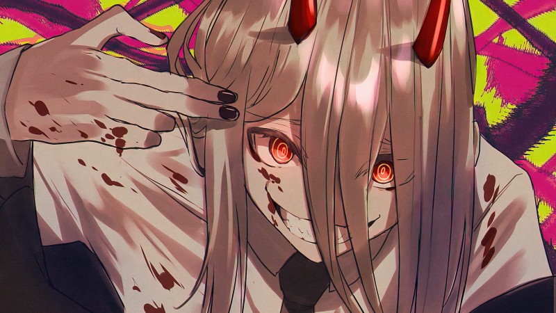Chainsaw Man, Power (Chainsaw Man), Horns, Blonde, Blood Covered Body, Hand Gesture Wallpaper