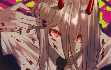 Chainsaw Man, Power (Chainsaw Man), Horns, Blonde, Blood Covered Body, Hand Gesture Wallpaper