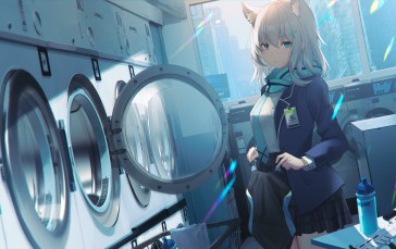 Anime, Anime Girls, Laundromat, Blue Eyes Wallpaper