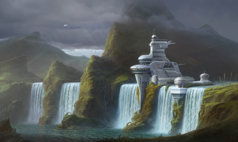 Oleksii Shuhurov, Fantasy Art, Fantasy Architecture, Waterfall, Alien Planet Wallpaper