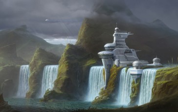 Oleksii Shuhurov, Fantasy Art, Fantasy Architecture, Waterfall, Alien Planet Wallpaper