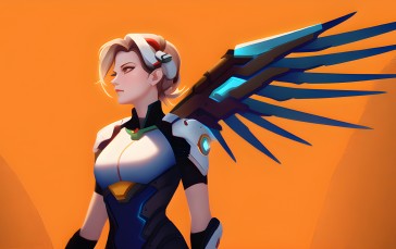 Mercy (Overwatch), Orange Background, Simple Background, Blonde, Wings, Overwatch Wallpaper