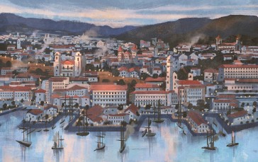 Brazil, Ship, Dock, Mountains, Town, Artwork Wallpaper