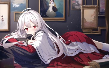 Red Eyes, White Hair, Lying Down, AI Art, Anime Girls Wallpaper