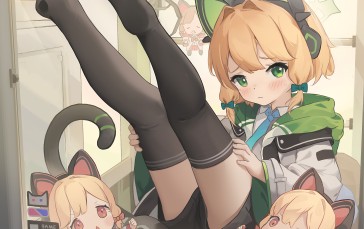 Anime Girls, Blue Archive, Green Eyes, Cat Ears, Green Hoodie Wallpaper
