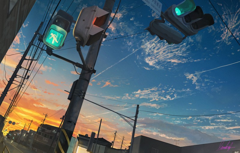Sky, Traffic Lights, Anime, Clouds Wallpaper
