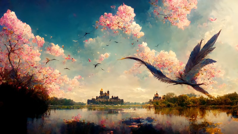 Landscape, Blossoms, Castle, Lake Wallpaper
