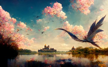 Landscape, Blossoms, Castle, Lake Wallpaper