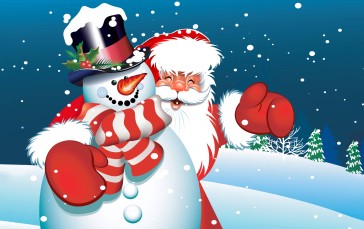 Santa Claus, Snowman, Christmas, Snow, Trees, Hat Wallpaper