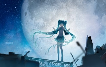 Hatsune Miku, Vocaloid, Moon, Night, Twintails, Blue Hair Wallpaper
