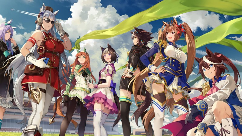 Uma Musume Pretty Derby, Anime Girls, Group of Women, Clouds, Animal Ears, Horse Girls Wallpaper