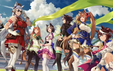 Uma Musume Pretty Derby, Anime Girls, Group of Women, Clouds, Animal Ears, Horse Girls Wallpaper