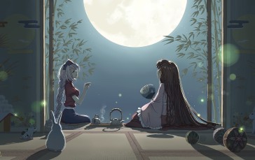 Anime, Anime Girls, Touhou, Moon, Braids, Rabbits Wallpaper