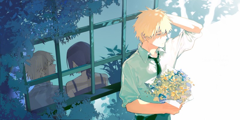 Blue Background, Blonde, Denji (Chainsaw Man), Flowers Wallpaper