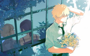 Blue Background, Blonde, Denji (Chainsaw Man), Flowers Wallpaper