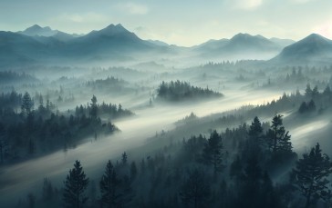 AI Art, Landscape, Mist, Morning, Nature Wallpaper