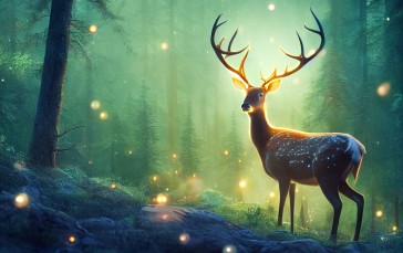 Forest, Lightning Bug, Firefly, Deer, Animals Wallpaper