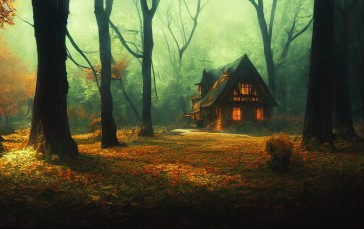 Fall, Forest, Cottage, AI Art Wallpaper