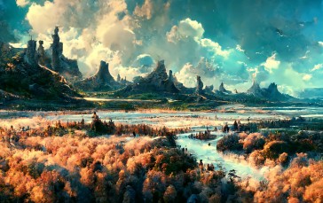 Landscape, Mountains, Lake, Plants, Nature, Clouds Wallpaper